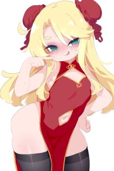 1girl alternate_costume alternate_hairstyle bare_hips black_thighhighs blonde_hair blush china_dress chinese_clothes cleavage_cutout clothing_cutout cowboy_shot dot_nose double_bun dress empty_eyes eyebrows_hidden_by_hair eyelashes female_focus finger_to_cheek flat_chest green_eyes hair_bun half-closed_eyes hand_on_own_hip hand_up himesaka_noa index_finger_raised kukuchi581 kyojiri_loli leaning_to_the_side loli long_hair looking_at_viewer naughty_face navel navel_cutout open_mouth pelvic_curtain red_dress simple_background sleeveless sleeveless_dress smile solo standing straight_hair thick_eyebrows thighhighs two-tone_dress watashi_ni_tenshi_ga_maiorita! white_background wide_hips yellow_dress