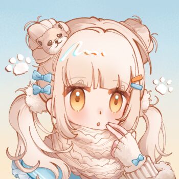 Rule 34 | 1girl, :o, adjusting scarf, blonde hair, blue background, blue bow, blue sailor collar, blunt bangs, blush, bow, brown eyes, chinese commentary, commentary request, dog hair ornament, dot nose, double bun, eyes visible through hair, fingerless gloves, frilled sailor collar, frills, fur-trimmed sleeves, fur trim, gloves, gradient background, guardian floof (infinity nikki), hair bow, hair bun, hair ornament, hair scrunchie, hairclip, heimaoyangchengzhibei, infinity nikki, layered sleeves, long hair, long sleeves, low twintails, nikki (series), open mouth, parallel hairclips, paw print, sailor collar, scarf, scrunchie, short twintails, simple background, solo, surprised, twintails, two-tone background, upper body, white gloves, white scarf, white scrunchie, winter clothes, wrist bow, yellow background