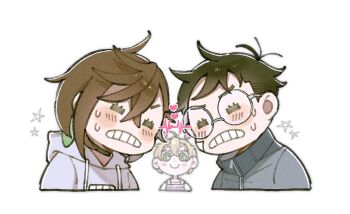 1boy 2girls alien antennae ayase_momo black_hair blonde_hair blush brown_hair closed_eyes closed_mouth comimingming commentary_request crossed_bangs dandadan earrings facing_another glasses green_eyes grey_hoodie hair_between_eyes heart hood hood_down hoodie jacket jewelry looking_at_another messy_hair multiple_girls nervous_sweating parted_lips round_eyewear short_hair simple_background star_(symbol) sweat takakura_ken_(dandadan) teeth track_jacket upper_body vamola_(dandadan) white_background zipper