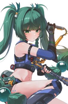 1girl absurdres android black_gloves blush braid braided_sidelocks closed_mouth commentary_request fingerless_gloves gloves green_eyes green_hair hair_ornament highres holding holding_weapon joints korean_commentary long_hair looking_at_viewer navel nhom_(woogi) police police_uniform policewoman qingyi_(zenless_zone_zero) robot robot_girl robot_joints shorts side_braids sidelocks simple_background solo sphere_hair_ornament twintails weapon white_background zenless_zone_zero
