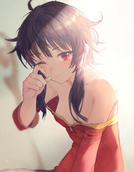 Rule 34 | 1girl, absurdres, ahoge, bare shoulders, black hair, blush, breasts, dress, hair between eyes, hand up, head tilt, highres, kono subarashii sekai ni shukufuku wo!, long hair, long sleeves, looking at viewer, megumin, messy hair, miyamoto satoru, no headwear, off-shoulder dress, off shoulder, one eye closed, open mouth, red dress, red eyes, revision, short hair, short hair with long locks, sidelocks, small breasts, solo, tears, thighhighs, upper body, white thighhighs, wiping tears