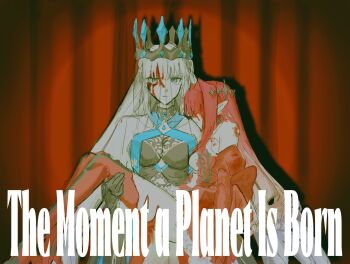 2girls baobhan_sith_(fate) baobhan_sith_(first_ascension)_(fate) black_dress black_gloves blood blood_on_clothes blood_on_face blue_eyes blue_lips braid crown dress fate/grand_order fate_(series) gloves hair_between_eyes half_up_braid highres kep1er_xx long_hair looking_at_viewer morgan_le_fay_(fate) morgan_le_fay_(queen_of_winter)_(fate) mother_and_daughter multiple_girls pink_hair pointy_ears ponytail spikes very_long_hair white_hair