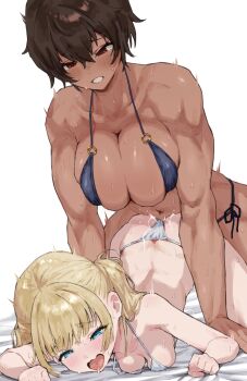 1futa 1girl all_fours ass bent_over blonde_hair blue_eyes blush breasts brown_hair clothed_sex competition_school_swimsuit cum dark-skinned_female dark_skin doggystyle dry_humping futa_with_female futanari hanging_breasts height_difference highres humping implied_futanari kei_(m_k) large_breasts long_hair m_k original ponytail red_eyes rika_(m_k) school_swimsuit sex sex_from_behind short_hair simple_background size_difference sweat swimsuit tall_female tan tomboy top-down_bottom-up vaginal