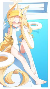 1girl absurdres animal_ear_fluff animal_ears anleewind bare_shoulders barefoot blonde_hair blue_archive breasts commentary_request forehead fox_ears hair_over_one_eye halo hat highleg highleg_one-piece_swimsuit highres innertube jacket long_hair long_sleeves looking_at_viewer off_shoulder one-piece_swimsuit parted_bangs pool poolside seia_(blue_archive) seia_(swimsuit)_(blue_archive) side_ponytail sidelocks sitting small_breasts smile solo sunglasses swim_ring swimsuit tail tinted_eyewear visor_cap white_one-piece_swimsuit yellow-tinted_eyewear yellow_eyes yellow_hat yellow_jacket
