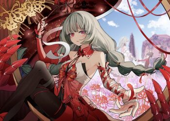 Rule 34 | 1girl, arm up, bandaged arm, bandages, bare shoulders, black pantyhose, breasts, commentary, crossed legs, crying, crying with eyes open, dress, flower, grey eyes, grey hair, halter dress, halterneck, heterochromia, highres, holding, holding flower, long hair, looking at viewer, medium breasts, multicolored hair, pantyhose, parted lips, phrolova (wuthering waves), red dress, red eyes, solo, spider lily, streaked hair, tacet mark (wuthering waves), tears, triss (wuthering waves), twitter username, usako (usako1031), wuthering waves