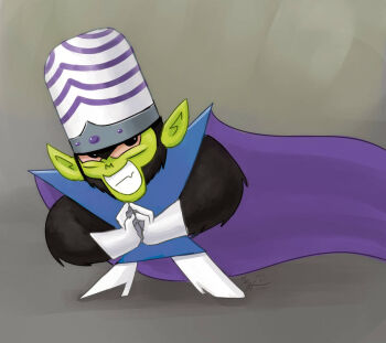 1boy black_eyes black_fur blue_tunic boots cape chimpanzee colored_sclera colored_skin evil_grin evil_smile facing_viewer gloves green_skin grey_background grin helmet howxu looking_at_viewer male_focus mojo_jojo own_hands_together painting_(medium) pants powerpuff_girls purple_cape red_sclera signature sleeveless smile solo standing teeth traditional_media tunic white_boots white_gloves white_pants wind