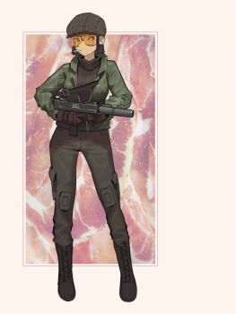 1girl absurdres black_boots blunt_ends bomber_jacket boots border cigarette commentary finger_on_trigger flat_cap full_body glasses green_jacket gun hat highres holding holding_gun holding_weapon jacket knee_boots looking_to_the_side mac-10/11 notfuji original outside_border pants partially_open_jacket photo_background plaid_hat short_hair smoking solo standing submachine_gun suppressor sweater tinted_eyewear turtleneck turtleneck_sweater weapon white_border yellow-tinted_eyewear