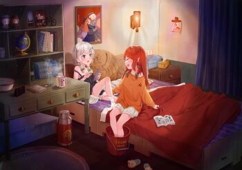 2girls :d absurdres ahoge animal_slippers bicycle black_camisole bloomers blue_eyes blueman&amp;alinla blush book bow bowl box braid bucket bucket_of_water cabinet calendar_(object) camisole cellphone closed_eyes commentary_request cup curtains drawer drinking_glass electrical_outlet facing_another flandre_scarlet frilled_socks frills fumo_(doll) furrowed_brow globe green_bow grey_hair hair_bow hand_on_another's_thigh hands_up highres holding holding_phone hong_meiling indoors izayoi_sakuya jacket koakuma leg_up light_switch long_sleeves looking_at_another miniature mug multiple_girls on_bed open_book open_mouth orange_jacket patchouli_knowledge phone picture_frame red_hair remilia_scarlet short_hair sidelocks single_off_shoulder sitting sleeves_past_wrists slippers smartphone smile socks strap_slip thermos tissue tissue_box touhou translation_request twin_braids underwear wall_lamp wallet white_bloomers white_socks wooden_floor