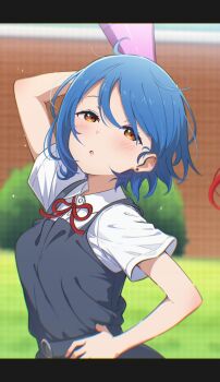 Rule 34 | 2girls, :o, arm up, blue hair, blush, brown eyes, collared shirt, commentary request, daisuki full power, dress, dress shirt, earrings, grey dress, gyorui (katsuwo drawing), half-closed eyes, hand on own hip, highres, holding, holding megaphone, jewelry, looking at viewer, love live!, love live! superstar!!, megaphone, multiple girls, neck ribbon, open mouth, out of frame, outdoors, pinafore dress, red ribbon, ribbon, school uniform, shirt, short hair, short sleeves, sleeveless, sleeveless dress, solo focus, stud earrings, summer uniform, upper body, wakana shiki, white shirt, yoneme mei, yuigaoka school uniform