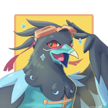 bird border brown_eyes digimon digimon_(creature) goggles goggles_on_head highres looking_at_viewer no_humans notaventura sparkle upper_body white_border xiquemon