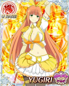 1girl arm_above_head arm_behind_back black_pantyhose border bow breasts card_(medium) cleavage cleavage_cutout closed_mouth clothing_cutout crop_top elbow_gloves english_text frilled_skirt frills game_cg gloves green_eyes hair_bow hime_cut holding holding_behind_back holding_staff holding_weapon_behind_back large_breasts looking_at_viewer navel necktie non-web_source official_alternate_costume official_art orange_hair pantyhose senran_kagura senran_kagura_new_wave skirt smile solo staff vest yellow_bow yellow_gloves yellow_necktie yellow_skirt yellow_vest yugiri_(senran_kagura)