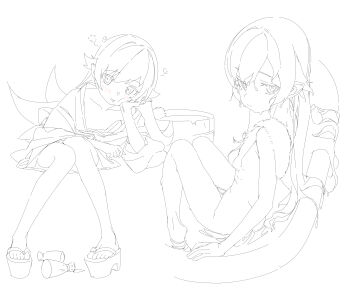 absurdres arm_at_side arm_rest arm_support bathtub bottle bow closed_mouth collarbone commentary_request completely_nude drooling drunk eyes_visible_through_hair flat_chest flipped_hair from_above from_side full_body hair_between_eyes hair_flaps hair_spread_out hand_on_lap hand_up head_rest highres in_bathtub invisible_chair japanese_clothes kimono knees_together_feet_apart knees_up leaning_to_the_side legs_together light_blush light_frown lineart long_hair looking_at_viewer monogatari_(series) multiple_views nude okobo oni oshino_shinobu parted_lips platform_sandals pointy_ears ringed_eyes sake_bottle sandals shishirui_san sidelocks simple_background sitting slit_pupils squeans straight_hair towel towel_on_one_shoulder very_long_hair waist_bow washbowl wet wet_hair white_background yukata