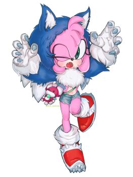 Rule 34 | 1girl, amy rose, bare legs, blue fur, chip (sonic), claws, cosplay, fang, fangs, fur, fur hood, gloves, green eyes, highres, knees, konjiki ringo, legs, long claws, medium hair, one eye closed, pink fur, pink hair, sega, shoes, shorts, socks, sonic (series), sonic the hedgehog, sonic the werehog, sonic unleashed, spikes, standing, standing on one leg, stuffed toy, toy, werehog