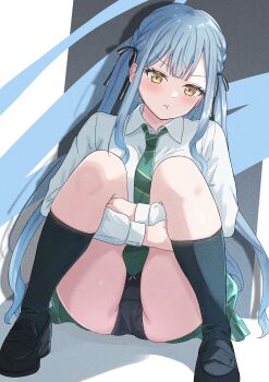 1girl absurdres azakura_(beniyomogi) bang_dream! bang_dream!_it's_mygo!!!!! black_panties black_ribbon black_shoes black_socks blue_hair collared_shirt commentary_request diagonal-striped_clothes diagonal-striped_necktie dress_shirt green_necktie green_skirt hair_ribbon haneoka_school_uniform highres hugging_own_legs loafers long_hair long_sleeves necktie panties pantyshot pout ribbon school_uniform shirt shoes sidelocks sitting skindentation skirt socks solo striped_clothes togawa_sakiko underwear white_shirt yellow_eyes