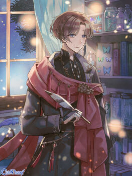 1boy arm_at_side black_bridal_gauntlets black_coat black_shirt blue_butterfly blue_eyes bone book bookshelf bottle bridal_gauntlets brooch brown_hair bug butterfly chain_paradox cloak clona closed_mouth coat copyright_name cowboy_shot crystal curtained_hair curtains earrings feather_earrings feathers fish_skeleton framed_insect herbarium holding holding_quill indoors insect jar jewelry lapels light_particles long_sleeves looking_at_viewer male_focus muntins night notched_lapels off_shoulder paper parted_bangs plume quill red_cloak red_feathers shirt short_hair single_earring smile solo standing tassel test_tube test_tube_rack tree window