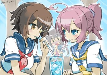 10s 3girls ahoge aoba_(kancolle) bad_id bad_pixiv_id blue_eyes blush brown_hair drinking_straw eyebrows furutaka_(kancolle) glowing glowing_eye heterochromia kako_(kancolle) kantai_collection krono_tokage long_hair multiple_girls neckerchief open_mouth pink_hair ponytail school_uniform serafuku shared_drink short_hair smile yellow_eyes yuri