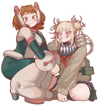 2girls absurdres bags_under_eyes belt black_bodysuit blonde_hair blue_sailor_collar blue_skirt blush_stickers bodysuit boku_no_hero_academia boots breasts brown_eyes brown_hair cardigan closed_mouth fang female_focus grin hero_outfit_(mha) highres looking_at_viewer matching_hair/eyes medium_breasts multicolored_bodysuit multiple_girls neckerchief pink_bodysuit red_neckerchief rottedbombshell sailor_collar school_uniform serafuku sidelocks skin_tight skirt smile superhero_costume toga_himiko uraraka_ochako uraraka_ochako_(hero_outfit) white_background white_bodysuit yellow_cardigan yellow_eyes