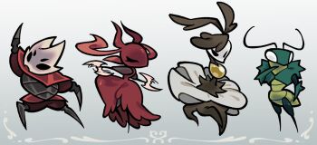 2boys ant_girl antennae arthropod_boy arthropod_girl black_eyes colored_skin crust_king_khann_(hollow_knight) dress dual_wielding extra_eyes flower full_body green_prince_(hollow_knight) highres holding holding_weapon hollow_eyes hollow_knight hollow_knight:_silksong mantis_boy monster_girl multiple_boys multiple_girls nyleth_(hollow_knight) pesticydes plant_girl red_dress red_skin skarr_scout_(hollow_knight) skarrsinger_karmelita_(hollow_knight) standing weapon white_background white_eyes white_flower white_mask