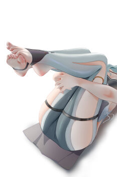 1girl absurdres blue_hair commentary_request feet highres hugging_own_legs latex latex_pants leg_focus legs_up lx6483724 pants seed_(zenless_zone_zero) simple_background soles stirrup_legwear thigh_strap toeless_legwear toes white_background zenless_zone_zero
