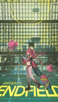 1girl absurdres ankle_boots aqua_hair arknights arknights:_endfield artist_name bare_shoulders black_boots black_gloves blush boots building cellphone copyright_name crop_top cropped_jacket dragon_girl dragon_horns english_text flip_phone floating floating_object full_body gloves hair_intakes highres holding holding_phone horns jacket long_sleeves matsuoka_(mtok_0) multicolored_hair navel orb pants parted_lips phone pink_hair pink_jacket pink_pants pointy_ears rolling_suitcase sky solo streaked_hair suitcase twintails twitter_username two-tone_hair walking yellow_sky yvonne_(arknights)