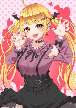 1girl :d absurdres ahoge aran_sweater bat_wings black_choker black_ribbon black_skirt blonde_hair blush breasts brooch cable_knit choker claw_pose clothing_cutout cowboy_shot ear_piercing earrings fang frilled_skirt frilled_sweater frills gradient_hair hair_ornament hairclip hands_up head_wings heart heart_earrings heart_o-ring high-waist_skirt highres hololive jewelry jirai_kei long_hair long_sleeves medium_breasts multicolored_hair multiple_piercings nail_polish neck_ribbon o-ring o-ring_choker official_alternate_costume official_alternate_hair_length official_alternate_hairstyle open_mouth piercing pink_background pink_sweater polka_dot polka_dot_background red_nails red_streaks ribbon see-through_skirt_layer shoulder_cutout sidelocks skin_fang skirt smile solo star_(symbol) star_hair_ornament suspender_skirt suspenders sweater swept_bangs terumasa_(amanoy) twintails virtual_youtuber wavy_hair wings yellow_eyes yozora_mel yozora_mel_(jirai_kei)