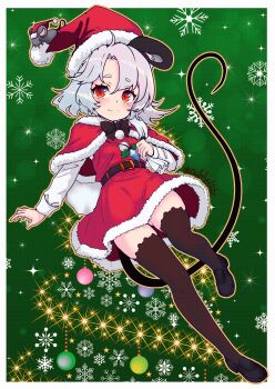 1girl absurdres alternate_costume animal animal_ears animal_on_head belt black_shoes blush bow bowtie brown_bow brown_bowtie brown_thighhighs capelet carbohydrate_(asta4282) closed_mouth commentary_request dress fur-trimmed_capelet fur-trimmed_dress fur-trimmed_headwear fur_trim green_background grey_hair hat highres holding holding_sack jewelry long_sleeves looking_at_viewer mouse_(animal) mouse_ears mouse_girl mouse_tail nazrin on_head orange_outline outline pendant red_capelet red_eyes red_hat sack santa_costume santa_dress santa_hat shirt shoes smile snowflakes solo tail thighhighs touhou white_shirt