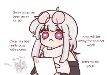 2girls :t academic_test animal_ears artist_self-insert bare_shoulders blush_stickers chibi chonkyorca cleavage_cutout closed_mouth clothing_cutout commentary english_text eyewear_on_head grey_hair heart_cutout long_hair multiple_girls orca_(chonkyorca) original pink-tinted_eyewear pout rabbit_ears round_eyewear shoulder_cutout simple_background solo_focus sweater symbol-only_commentary tears tinted_eyewear turtleneck turtleneck_sweater white_background white_sweater