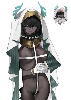 1girl 8_ni artist_self-insert black_hair breasts chibi collar covered_erect_nipples dark-skinned_female dark_skin female_pubic_hair gloves green_eyes highres horns navel nun original own_hands_together pubic_hair smile spiked_collar spikes white_background white_gloves