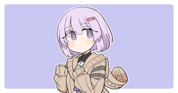 1girl a.i._voice blue_background blush border bright_pupils brown_sweater closed_mouth dot_mouth dot_nose hair_between_eyes hands_up ini_(inunabe00) long_sleeves looking_at_viewer outline outside_border purple_eyes purple_hair short_hair simple_background solo sweater upper_body vocaloid voiceroid white_border white_outline white_pupils yuzuki_yukari yuzuki_yukari_(shizuku)