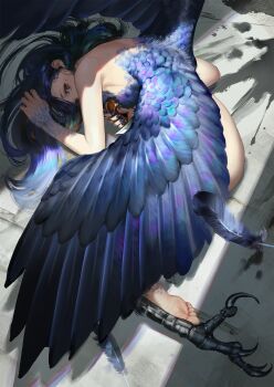 1girl back black_feathers black_hair black_wings blue_feathers blue_hair blue_wings brown_eyes falling_feathers feathers fetal_position from_behind gradient_hair gradient_wings highres holding holding_sword holding_weapon long_hair looking_at_viewer lying mogumo mole mole_under_eye multicolored_feathers multicolored_hair multicolored_wings nude on_ground on_side original purple_feathers purple_hair purple_wings solo sword talons weapon wings