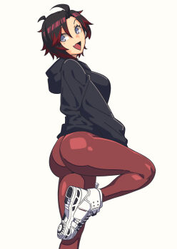 1girl :d absurdres ass black_hair black_hoodie breasts dyun highres hood hood_down hoodie large_breasts looking_back multicolored_hair open_mouth pants red_hair red_pants ruby_rose rwby short_hair smile solo standing standing_on_one_leg two-tone_hair yoga_pants