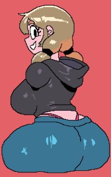 1girl amputee armless_amputee ass backboob blonde_hair breasts commentary_request highres hood hoodie huge_ass legless_amputee pixel_art pxfx123 quadruple_amputee self-upload solo spanish_commentary twintails underwear