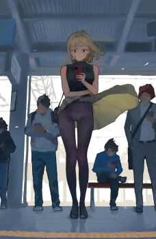 1girl 4boys bag black_pantyhose black_shirt black_shoes blonde_hair cellphone clothes_lift gusset highres holding holding_phone looking_at_phone medium_hair multiple_boys original panties panties_under_pantyhose pantyhose pantyshot phone sekoshi_(some1else45) shirt shoes shoulder_bag skirt skirt_lift sleeveless sleeveless_shirt smartphone solo_focus some1else45 standing thong train_station underwear white_panties wind wind_lift