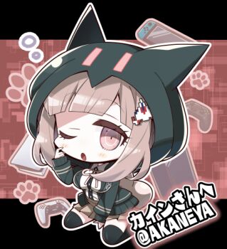 1girl ;o akaneya animal_ear_hood animal_ears between_legs black_thighhighs blunt_bangs blush_stickers breasts brown_eyes brown_hair brown_skirt cat_ears chibi chibi_only commentary_request commission danganronpa_(series) danganronpa_2:_goodbye_despair eyelashes fake_animal_ears full_body green_jacket hand_between_legs hand_up hood hood_up hooded_jacket jacket large_breasts looking_at_viewer lowres medium_hair miniskirt nanami_chiaki one_eye_closed open_clothes open_jacket open_mouth outline pink_background pleated_skirt shirt simple_background sitting skeb_commission skirt sleepy sleeves_past_wrists solo squeans thighhighs twitter_username wariza white_outline white_shirt zettai_ryouiki