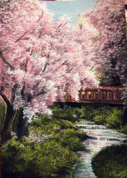 acrylic_paint_(medium) bridge cherry_blossoms commentary_request day foliage landscape no_humans original outdoors painting_(medium) photo_(medium) scenery stream traditional_media user_gknk5478 water