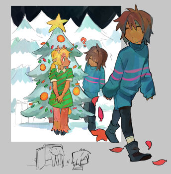 1girl 1other ? absurdres antlers black_boots black_pantyhose blonde_hair blue_shorts blue_sweater boots brown_fur brown_hair christmas_ornaments christmas_tree commentary deer_antlers deer_girl double_horizontal_stripe dress elephant english_commentary frisk_(undertale) furry furry_female goomyloid green_dress highres hooves horns leaf long_hair long_sleeves looking_at_another noelle_holiday pantyhose pantyhose_under_shorts short_hair short_sleeves shorts star_(symbol) striped_clothes striped_dress striped_sweater sweater undertale utdr_(toby_fox) v_arms walking