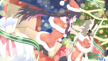 2girls absurdres alternate_costume black_bow black_hair black_pantyhose blue_eyes blush bonnet bow box braid brown_hair bun_with_braided_base cape capelet christmas christmas_present christmas_tree closed_eyes colored_inner_hair columbina_(genshin_impact) commentary_request dress eye_mask face-to-face facing_another floating_hair fur-trimmed_capelet fur-trimmed_dress fur-trimmed_headwear fur_trim genshin_impact gift gift_box gift_wrapping gloves hair_bun hair_ribbon hat highres imminent_hug in_box in_container long_hair looking_at_another mask multicolored_hair multiple_girls open_mouth pantyhose pom_pom_(clothes) purple_hair red_cape red_dress red_gloves red_hat ribbon rino_(monochrome_rino) sack sandrone_(genshin_impact) santa_costume santa_dress santa_hat very_long_hair white_ribbon yuri