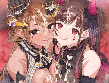 2girls :q asymmetrical_docking breast_press breasts brown_hair clothing_cutout collarbone commentary cum cum_on_body cum_on_breasts cum_on_clothes cum_on_upper_body demon_horns erere facepaint facial gradient_hair hat heads_together heart_cutout horns idolmaster idolmaster_shiny_colors izumi_mei long_hair looking_at_viewer medium_breasts mini_hat multicolored_hair multiple_girls nipples see-through_clothes smile sonoda_chiyoko star_(symbol) sweat tongue tongue_out upper_body very_long_hair