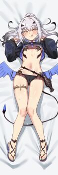 1girl absurdres barefoot bikini black_bikini black_shrug blush breasts cameltoe dakimakura_(medium) dragon_wings ebora fate/grand_order fate_(series) fish_bottle forked_eyebrows full_body high_ponytail highres huge_filesize jewelry licking_lips loli long_hair long_sleeves looking_at_viewer melusine_(fate) melusine_(swimsuit_ruler)_(fate) melusine_(swimsuit_ruler)_(first_ascension)_(fate) navel ponytail sandals shrug_(clothing) sidelocks small_breasts smile solo stomach_tattoo swimsuit tail tattoo thighlet tongue tongue_out white_hair wings yellow_eyes