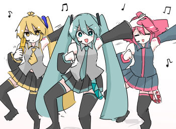 3girls :d =_= ahoge akita_neru aqua_eyes aqua_hair aqua_necktie arm_up beamed_eighth_notes black_boots black_skirt black_sleeves blonde_hair boots cellphone chachacha_(champon_ken) collared_shirt commentary_request dancing detached_sleeves drill_hair eighth_note flip_phone grey_shirt grey_skirt grey_sleeves hair_ornament hatsune_miku highres holding holding_phone kasane_teto kasane_teto_(utau) long_hair long_sleeves medium_hair meme_request miniskirt multiple_girls musical_note necktie open_mouth outstretched_arm phone pleated_skirt quarter_note shirt side_ponytail simple_background skirt sleeveless sleeveless_shirt smile thigh_boots triple_baka_(vocaloid) twin_drills twintails utau v-shaped_eyebrows very_long_hair vocaloid white_background wide_sleeves yellow_eyes yellow_necktie