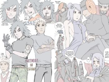 1girl akatsuki_(naruto) akatsuki_uniform akatsukiarts black_hair blush closed_eyes dress english_text konan_(naruto) looking_at_another makeup mask multiple_boys naruto_(series) naruto_shippuuden pain_(naruto) punching purple_hair scar scar_on_face short_hair tobi_(naruto) uchiha_madara uchiha_obito