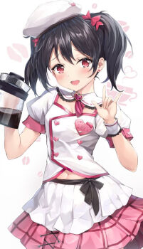 1girl :d beret black_hair blush bow breasts buttons character_name cleavage coffee_pot commentary_request double-breasted earrings female_focus gedou_(shigure_seishin) hair_bow hands_up hat heart holding jewelry lipstick_mark long_hair looking_at_viewer love_live! love_live!_school_idol_festival love_live!_school_idol_project m/ navel open_mouth pink_skirt puffy_short_sleeves puffy_sleeves red_eyes shirt short_sleeves skirt small_breasts smile solo stud_earrings twintails upper_body white_background white_hat white_shirt yazawa_nico
