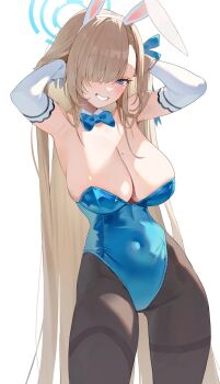 1girl asuna_(blue_archive) asuna_(bunny)_(blue_archive) blonde_hair blue_archive blue_bow blue_bowtie blue_eyes blue_halo blue_leotard blush bow bowtie breasts cleavage commentary_request covered_groin davo221020 detached_collar elbow_gloves gloves grin hair_over_one_eye halo highres large_breasts leotard long_hair looking_at_viewer mole mole_on_breast pantyhose rabbit_pose smile solo thighband_pantyhose very_long_hair white_gloves