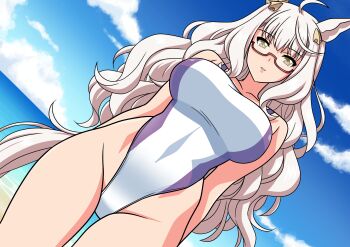 1girl ahoge animal_ears beach biwa_hayahide_(umamusume) blue_sky blush breasts cloud commentary_request competition_swimsuit glasses grey_hair hair_between_eyes highleg highleg_one-piece_swimsuit highres horse_ears horse_girl horse_tail large_breasts long_hair looking_at_viewer multicolored_swimsuit ocean one-piece_swimsuit outdoors parted_lips purple_one-piece_swimsuit red-framed_eyewear semi-rimless_eyewear sky swimsuit tail two-tone_swimsuit umamusume under-rim_eyewear water white_one-piece_swimsuit yellow_eyes yuuyuu_(3jjbn)