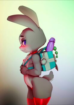 1girl animal_ears backpack bag breasts dildo doxy female_focus furry furry_female judy_hopps nude purple_eyes rabbit_ears rabbit_tail seductive_smile sex_toy small_breasts smile solo swimsuit tail zootopia