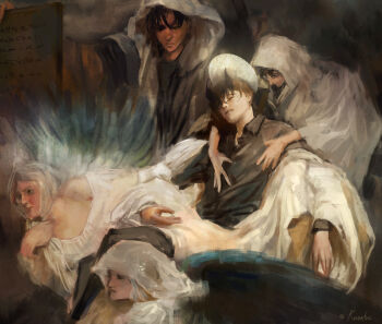 2boys 3girls arm_up black_hair black_shirt character_request closed_eyes collared_shirt demon_horns everyone han_sooyoung hand_on_another&#039;s_chest head_tilt highres hood horns kim_dokja leaning_back moon_behind_head multiple_boys multiple_girls off-shoulder_shirt off_shoulder official_alternate_costume omniscient_reader&#039;s_viewpoint painterly parody_request parted_lips robe roventus scroll shirt short_hair white_robe yoo_joonghyuk