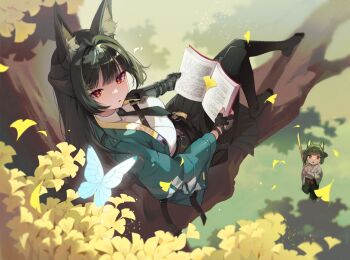 2girls animal_ear_fluff animal_ears black_gloves black_pantyhose book breasts bug butterfly character_request commentary_request fingerless_gloves flower full_body gloves green_hair green_jacket green_necktie hair_intakes highres holding holding_book holding_sword holding_weapon hoshimi_miyabi insect jacket large_breasts long_hair long_sleeves looking_at_viewer looking_back multiple_girls necktie no_shoes on_tree pantyhose parted_lips pleated_skirt popo_89r red_eyes shirt sitting skirt sword weapon white_shirt yellow_flower zenless_zone_zero