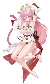 1girl absurdres alternate_costume animal_ears arm_up armpits bare_legs barefoot cat_ears cat_tail detached_sleeves fox_ears fox_shadow_puppet full_body genshin_impact hair_between_eyes hand_up headdress highres janload1ng long_hair long_sleeves looking_at_viewer parted_lips simple_background smile solo tail very_long_hair white_background yae_miko