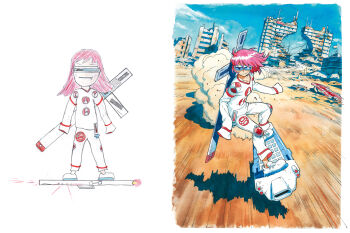 1girl blue_sky building cloud cloudy_sky derivative_work fang goggles highres hoverboard long_sleeves looking_at_viewer original outdoors painting_(medium) pants pink_hair print_shirt reference_work shadow shirt shoes short_hair sky sleeves_past_fingers sleeves_past_wrists solo thomas_romain traditional_media watercolor_(medium) white_pants white_shirt white_shoes