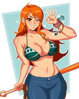 1girl absurdres bangle bare_shoulders bikini bikini_top_only blue_pants blush bracelet breasts brown_eyes cleavage clima-tact collarbone cowboy_shot denim earrings green_bikini halterneck highres holding holding_staff jeans jewelry kryokenn large_breasts lips log_pose long_hair looking_at_viewer nami_(one_piece) navel ok_sign one_eye_closed one_piece orange_hair pants parted_lips pearl_earrings pink_lips shoulder_tattoo single_sidelock smile solo sparkle staff stomach swimsuit tattoo wavy_hair